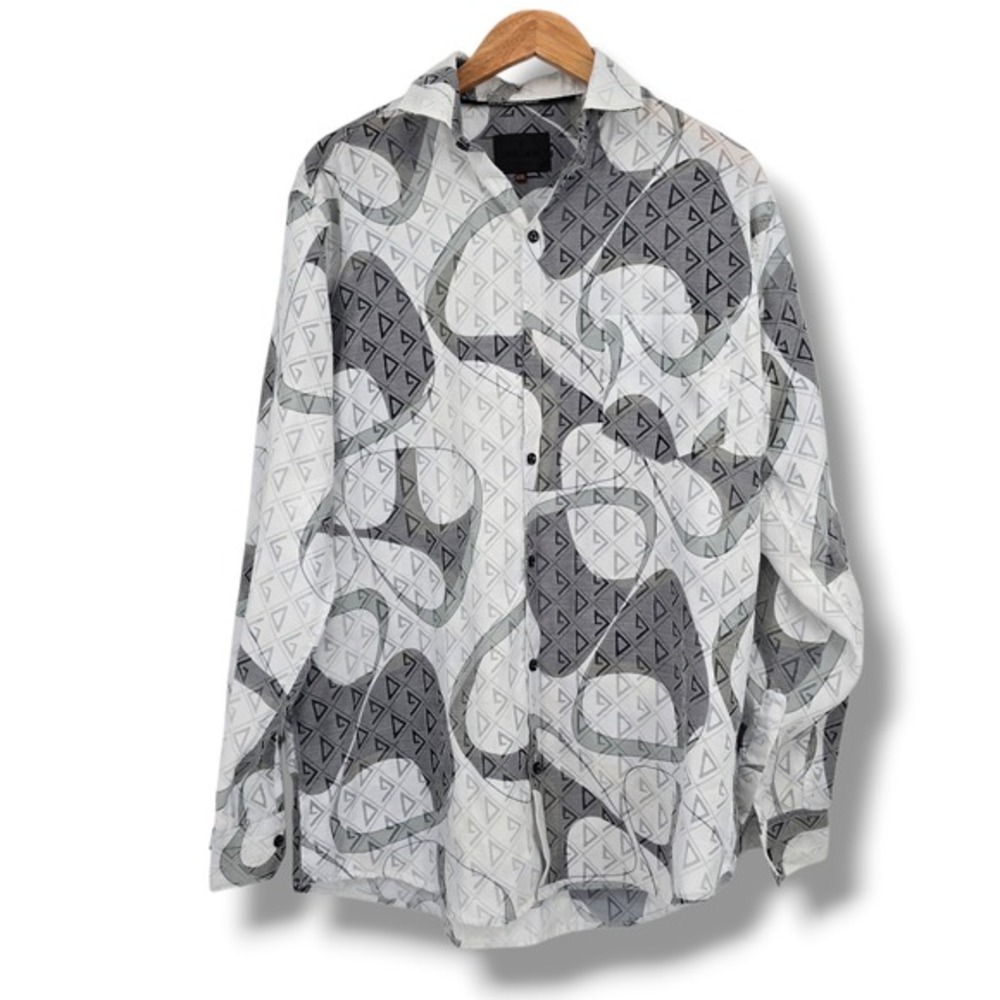Julian Mens XXL Geometric Abstract Print Button Down Shirt White Grey Black Long
